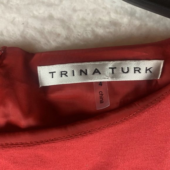Trina Turk Sheath Dress Women 4 Red Stretch Lace Trim Back Zip Short Sleeve 8120 - Picture 3 of 9